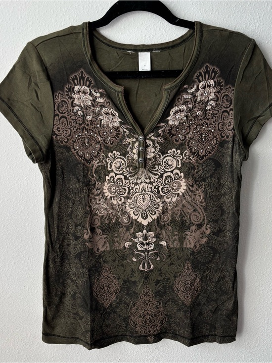 Tops - Women's Olive Green Short Sleeve Henley Top with Floral Print